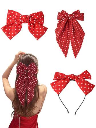 3pcs Polka Dot Bow Hair Clips & Headband Set, Women Solid Color Satin Long Bow Hair Clips, Casual Minimalist Travel Party Photo Shoot Hair Accessories Set, Suitable For All Hair Types, Headpiece, Claw Clips
