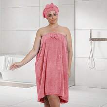 Oversize Women's Bath Towel Wrap (XXL-XXXXL) - Spa Bathrobe Style Set With Hair Towel |   Adjustable, Comfortable & Quick-Drying - 粉紅色-82.68x31.5 - 查看 8