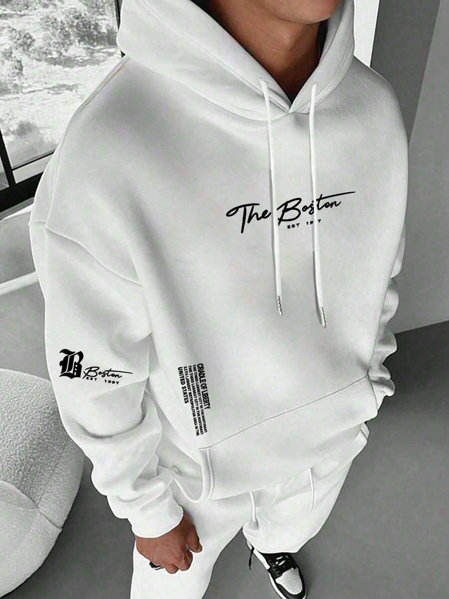 男士休闲时尚百搭日常通勤简约标语印花袋鼠口袋抽绳连帽衫，秋冬款 - 白色 - 查看 1