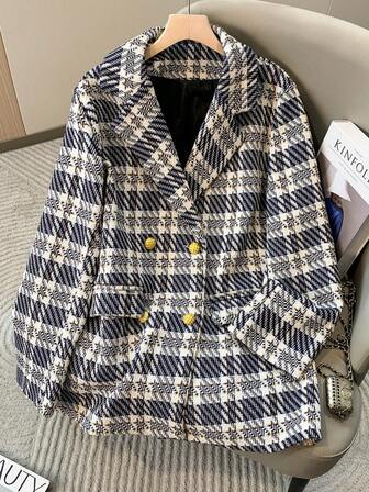 Chaqueta de blazer cruzada gruesa a cuadros para mujer, para uso casual en otoño/invierno