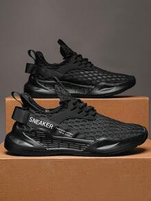 1 Pair Men's Casual Mesh Breathable Running Shoes, Low-Top Lace-Up Design, EVA Sole & Arch Support, Suitable For Running - Black - View 6