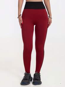 Red & Black Patchwork High Waist Shaping Leggings - High Elasticity Tummy Control Yoga Pants - Burgundy - View 3