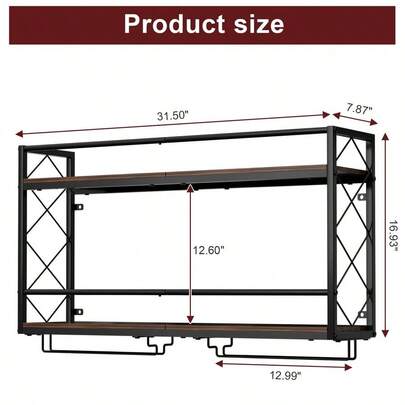 Wine Rack Wall Mount 2 Tier Wall Wine Rack With Glass Holder, Anti-Drop Crossbar, 31.5 Inch Metal Wine Rack For Hom...