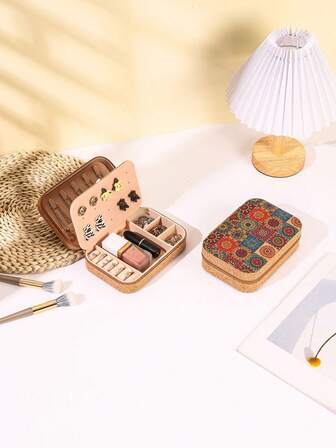 1 Piece. Vintage Elegant Jewelry Box With Earring Cover, Long And Exquisite Cork Portable Large-Capacity Jewelry Box, Can Store Earrings, Rings, Necklaces, Travel Multi-Layer Storage Box, Elegant Printed Jewelry Box, Multi-Functional Jewelry Storage Box, Convenient Zipper Jewelry Pouch.