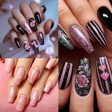 2 Sheets 3D Valentine's Day Sweet Romantic Floral & Heart Nail Art Stickers -Shinng Pink Flowers, Hearts, Black/White Heart & Floral Patterns Designs Nail Art Decals For Women DIY Holiday Nail Decoration - Pink - View 8