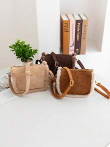 女士毛绒斜挎单肩包，秋冬新款时尚复古优雅可爱手提包，柔软仿毛皮和麂皮拼接方形托特包，大容量，可调节肩带，是女士休闲外出和日常使用的完美礼物