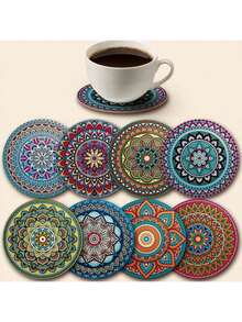 8 Piece Wood Coaster Set Mandala Design For Living Room Kitchen Dining Use As Drink Mat Wine Glass Pad Elegant Gift - Multicolor - View 1