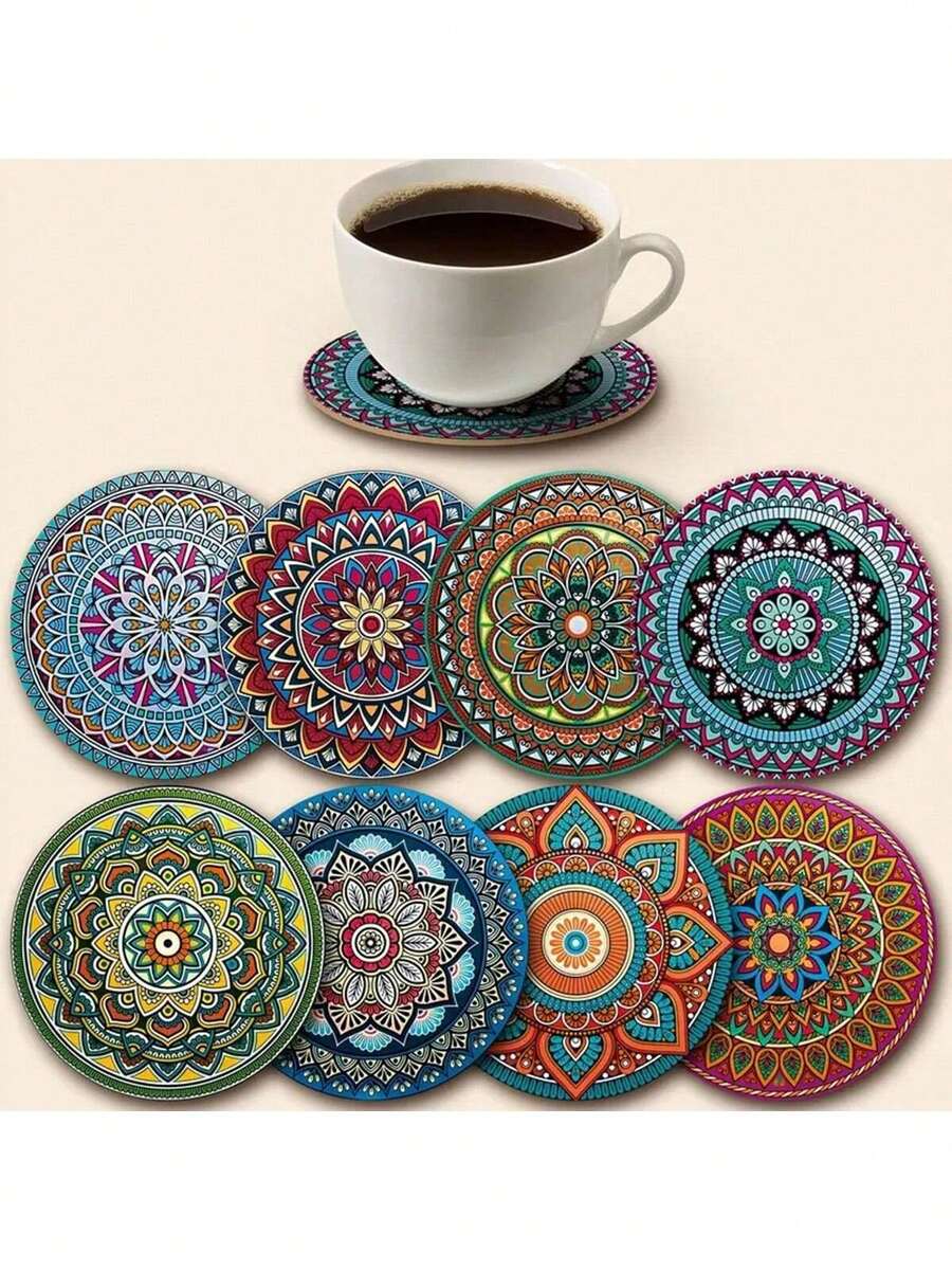 8 Piece Wood Coaster Set Mandala Design For Living Room Kitchen Dining Use As Drink Mat Wine Glass Pad Elegant Gift - Multicolor - View 1
