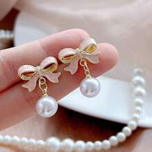 Bow Earrings For Women  Sparkly Rhinestone Chain Tassel Earrings Cute Ribbon Stud Earring Daily Party Jewerly Gifts Christmas Stocking Stuffers - C2: Pink Bow Pearl Earrings Gol - View 3