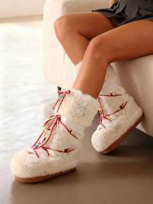 Faux Fur Snow Boots For Women Fuzzy Fluffy Furry Lace Up Mid Calf Boots Winter Warm Fur Boots For Christmas - 白色3 - 查看 2