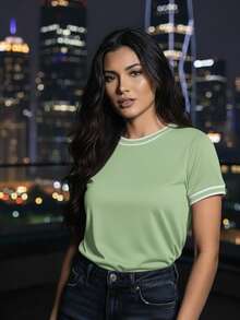 Women's Short-Sleeve Ribbed Blouse, Plain, Round Neck With Collar And Sleeve Details, Elegant Basic Style - 青檸色 - 查看 3