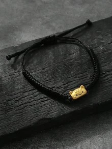 1条可爱3D铜猫可调节编织黑绳手链，适合女性，学院风，休闲日常佩戴 - 黑色 - 查看 4