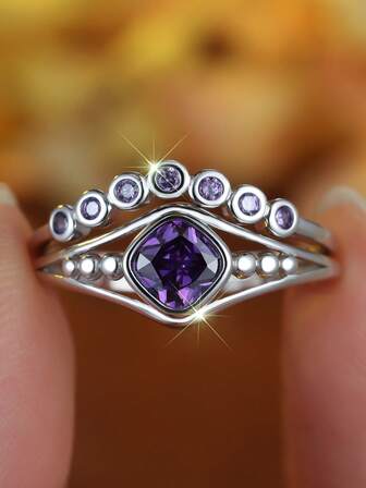 1 Set Of S925 Sterling Silver Square CZ Wedding Rings, Matching His & Her Bands With Purple Cubic Zirconia, Geometric Stacking Jewelry For Couples.