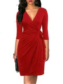 Women's Elegant Wrap Dress, Red V-Neck Summer Dress, 3/4 Sleeve Fitted Party Easter Dress, Wedding Dress Spring - Red - View 5