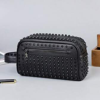 1 pieza Bolso de embrague de hombre con estilo de remache negro, bolso cuadrado con cremallera de gran capacidad de material de PU, bolso de aseo para hombre, bolso de mano con muñequera adecuado para el uso diario, regalo de vacaciones para hombres