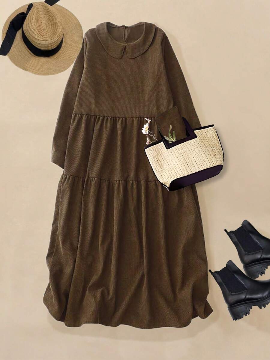 Váy dài tay cổ bẻ vải nhung dáng rộng cỡ lớn, màu nâu - màu nâu - Xem 1