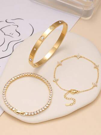 Pulsera de acero inoxidable con trébol de cuatro hojas y circonita, joyería versátil para uso diario