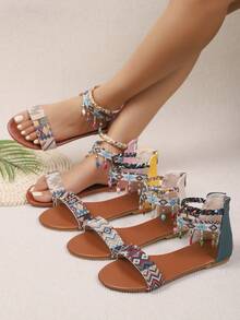 1双女士刺绣串珠波西米亚风T字带平底凉鞋 - 墨綠色 - 查看 11