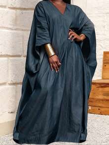 Plus Size Women V-Neck Plus Size Solid Color Denim-Look Casual Loose Comfy Half Sleeve Long Dress, Elegant Style, Luxury Design, Spring/Autumn - Navy Blue - View 1