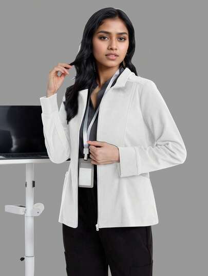 Chaqueta de uniforme de mujer de manga larga con bolsillo delantero abierto, de felpa, para enfermeras, trabajadores de la salud, dentistas, veterinarios, laboratorios