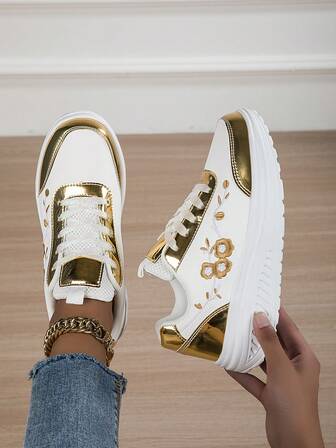 Women's Gold Lace-Up Athletic Sneakers, Embroidered Floral Fashion Casual Shoes, Low-Top Running Shoes With Arch Support, Suitable For Sports, Gym, Party, Walking, Outdoor, Multipurpose
