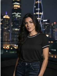 Women's Short-Sleeve Ribbed Blouse, Plain, Round Neck With Collar And Sleeve Details, Elegant Basic Style - Hitam - View 3