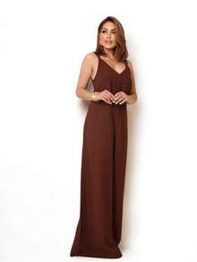 Women's Sleeveless Jumpsuit With A V-Neck And Bare Back In Woven Fabric. - 巧克力棕色 - 查看 3