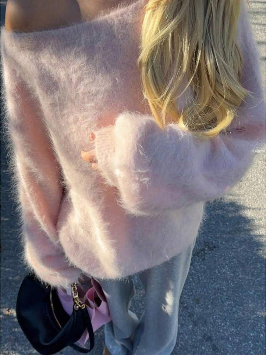 Women's Plush Mohair Blend Sweater  White Dusty Pink Off Shoulder Fall Winter Pullover  Soft Dropped Shoulder Knit Top For Cool Weather And Everyday Coziness - 粉色 - 查看 1