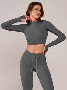 NcmRyu 1pc Women's Fitted Seamless Mock Neck Half Zip Thumb Hole Ribbed Long Sleeve Activewear Sweatshirt