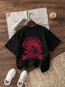 Tween Girl Tropical Print Round Neck Short Sleeve T-Shirt, Summer Top - Black - View 3