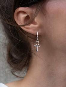 1Pair Vintage Egyptian Ankh Cross Drop Hoop Earrings For Women Men, Egyptian Ankh & Eye Of Horus Earrings, Gold Stainless Steel Earrings, Silver Earrings, Symbolic Earrings, Mystic Aesthetic Jewelry Fashion Accessories For Daily Wear, Ankh Festival Gift For Her - Earrings - View 3