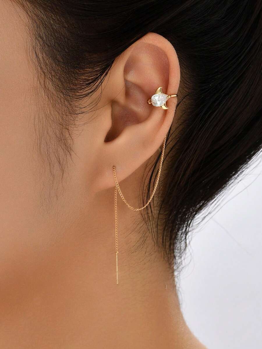 Nooxian 1对海洋元素长流苏锆石耳夹耳环，女士海豚锆石耳链，女士耳环 - 金黃色 - 查看 1