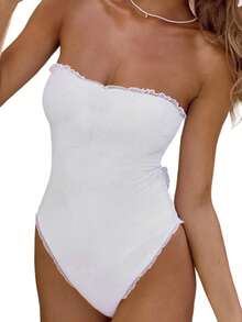 Women Lace Patchwork Square Neck Spaghetti Strap Monokini Bathing Suit Summer Swimwear Bikini - 白色 - 查看 7