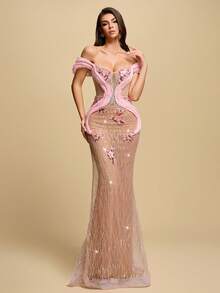 Đầm dạ hội Astony One màu hồng thanh lịch, gợi cảm, cổ chữ V, không dây vai, đính sequin lấp lánh, họa tiết hoa thêu trên nền vải lưới, kiểu đuôi cá, lý tưởng cho lễ hội Carnival, năm mới, tiệc Valentine, tiệc đính hôn, lễ tốt nghiệp, sự kiện thảm đỏ và các dịp trang trọng khác. - Hồng - Xem 6