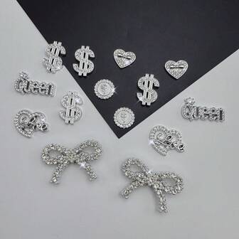 14个银色闪亮蝴蝶结、女王钱币、心形仿珍珠可拆卸鞋夹，适用于女士凉鞋、拖鞋，圣诞节、生日派对礼物