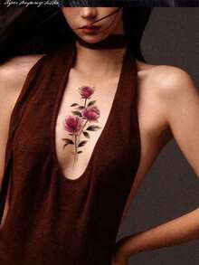 1Pc Waterproof Temporary Transfer Tattoo, Cute Y2K Style, Peony Flower, Leaf & Butterfly Pattern, Delicate Line Details, Long Lasting Fake Tattoo Stickers, Body Art Decals For Women, Suitable For Ankle, Calf, Arm, Party & Daily Decoration - Multicolor - View 4