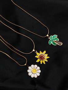 1pc 18K Gold Plated Stainless Steel Colorful Floral, Coconut Tree, Sunflower Pendant Necklace, Elegant & Sunny Unisex Sweater/Clavicle Chain Jewelry