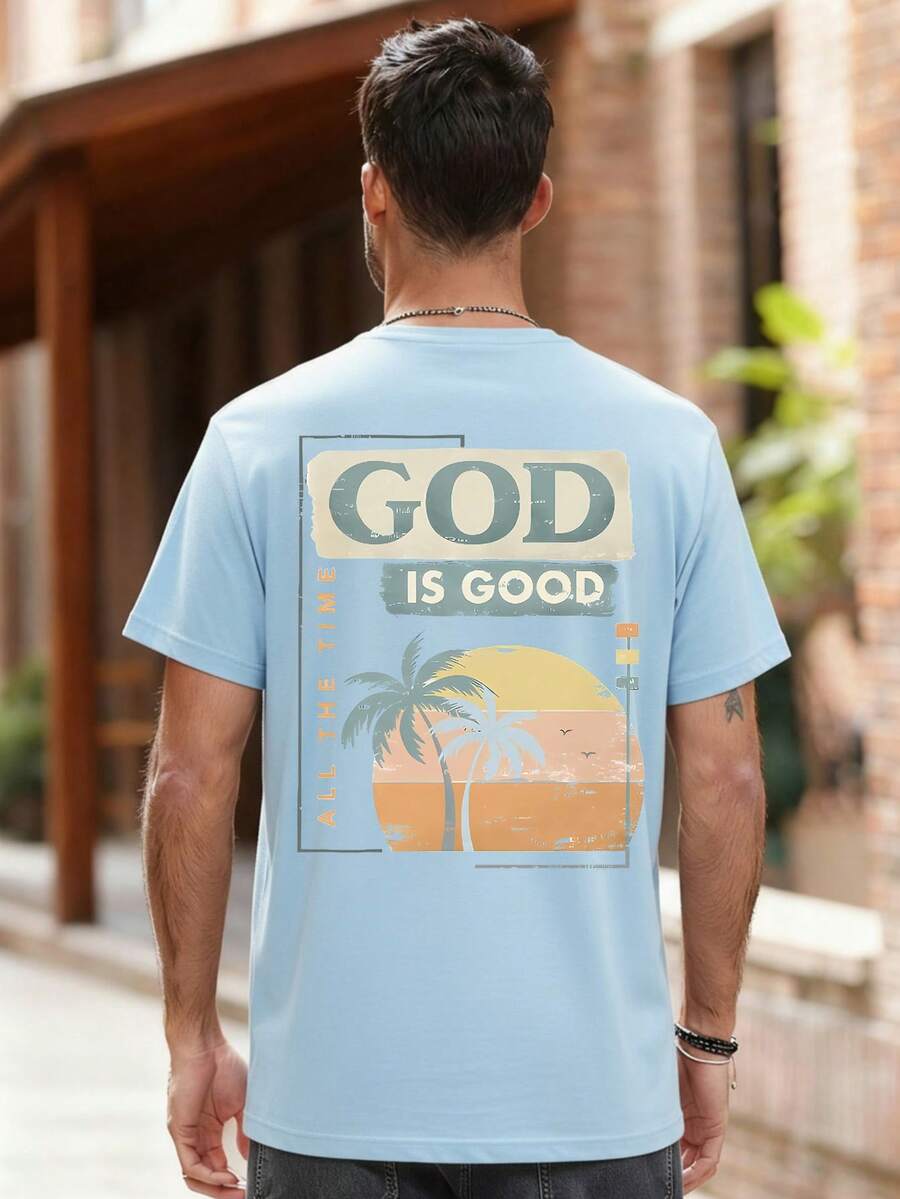 Men's Slogan Palm Tree Print Crew Neck T-Shirt