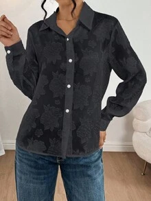 女士优雅休闲度假风长袖单排扣口袋薄纱衬衫 - 黑色 - 查看 6