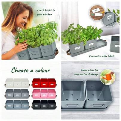 Herb Pots Kitchen Windowsill - Set Of 3 Charcoal Herb Planter Indoor With Leather Handled Tray - An Indoor Herb Garden, Plants And Flowers - Labels Included