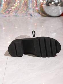 秋冬女士简约前系带侧拉链防水厚底粗跟踝靴，时尚优雅 - 銀色 - 查看 5