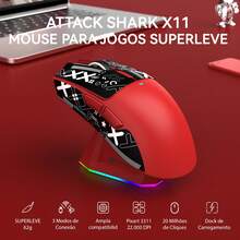 ATTACK SHARK X11 Wireless Gaming Mouse With RGB Magnetic Charging Base, PixArt PAW3311 Sensor, Ultra-Light 59g, 3 Modes (Wired/2.4G/Bluetooth), Up To 22,000 DPI, PC/WIN Compatible - Rojo + pegatinas - Ver 1