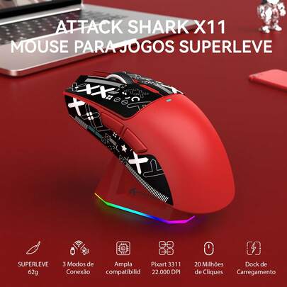  ATTACK SHARK X11 Mouse Gamer Sem Fio com Base de Carregamento Magnética RGB, Sensor PixArt PAW3311, Ultrapleve de 59g, 3 Modos (Com Fio/2.4G/Bluetooth), Até 22.000 DPI, Compatível com PC/WIN