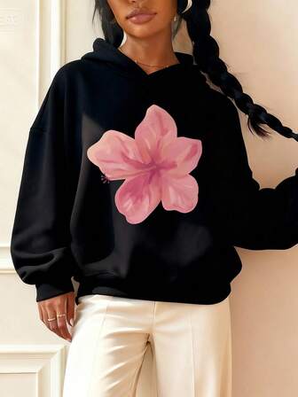 Sudadera con capucha negra holgada de manga larga con estampado de flores, adecuada para uso diario, fiestas, escuela, asistir a festivales de música, vacaciones, ir y venir