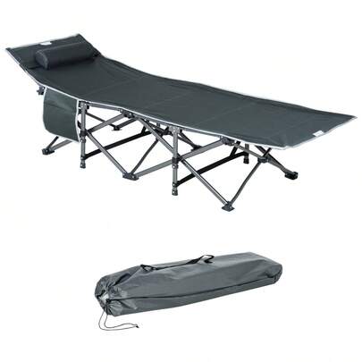 Outsunny Folding Sun Lounger With Headrest, Side Pocket, Integrated Storage Bag, Metal And Oxford Fabric, 188 X 64.5 X 53 Cm, Grey On Site