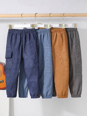 4pcs Boys' Autumn Spring Corduroy Pants Set, 3D Dinosaur & Letter Print Cargo Pants, Comfortable Casual Trousers Suitable For Boys' Leisure, School, Birthday Party, Daily Wear