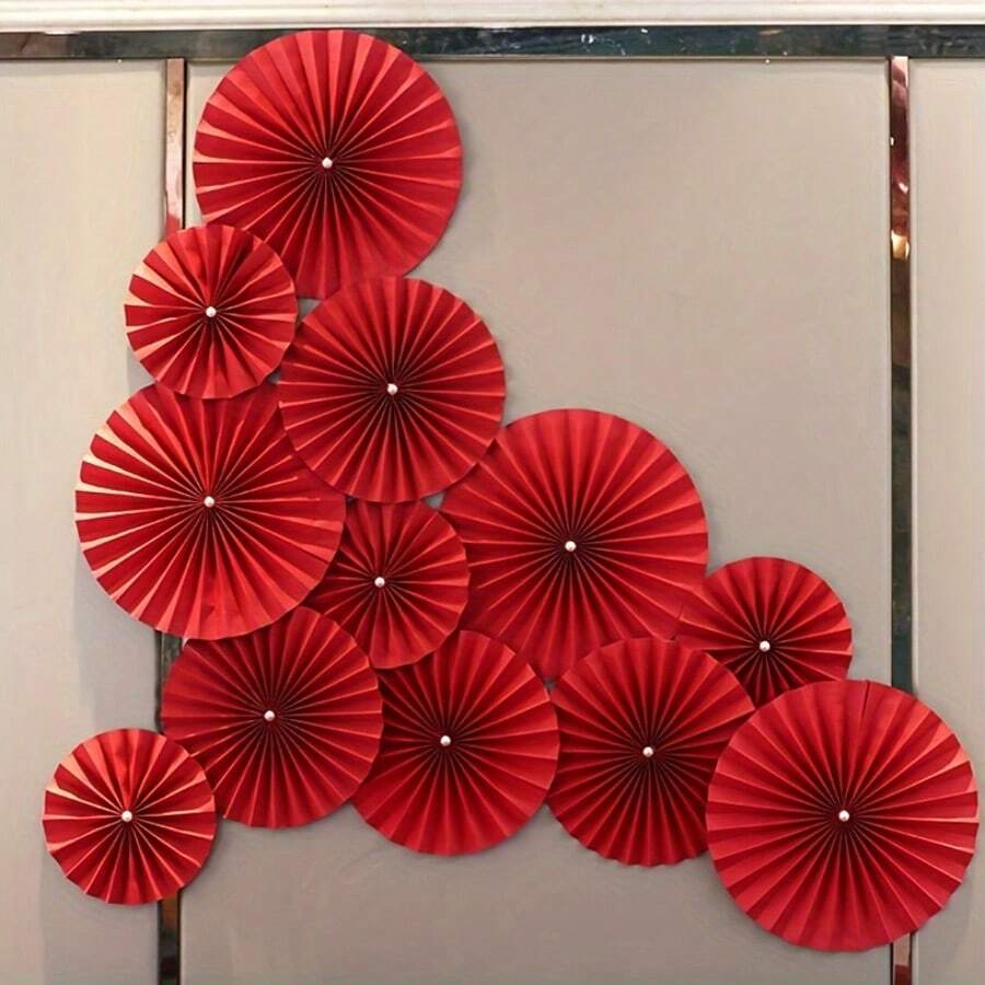 12 Bright Red Paper Fans, Suitable For Spring Festival And Party Decoration, Adding Festive Atmosphere To Any Home Or Restaurant. - Multicolor - View 1