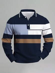 Men's Colorblock Striped Long Sleeve Polo Shirt, Comfortable Fabric, Suitable For Casual, Outdoor, Work, Multi-Color Geometric Design, Collared Button-Up Top, Autumn/Winter - Blue - View 9