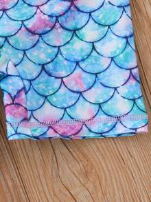 1 件女童美人鱼鳞片印花长袖防晒连体泳衣，快干弹性面料，拉链细节，适合游泳池、夏季海滩和冲浪