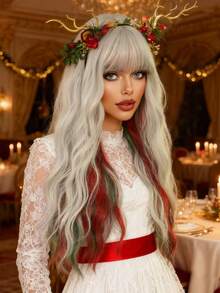 Billowig Long Curly Red Green Highlight Christmas Siler White Wigs Natural Heat Resistant Fibre Wet Wave Grey White Ombre Women Wigs For Holiday Festival Christmas Daily Party Daily Used